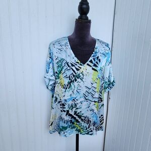 Lola & Sophie Womens Satin V-Neck Top Blouse Cuffed Short Sleeve White Green M